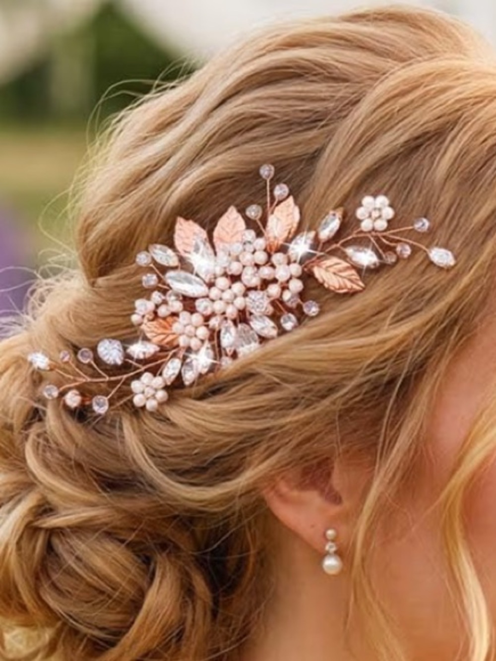 Rose Gold Floral Bridal Hair Comb with Pearls and Crystals - Picture 3 of 6